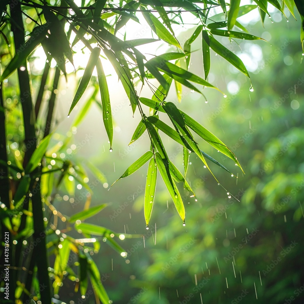 Naklejka premium A fresh green bamboo grove after a summer rain, sunlight breaking through the mist, 