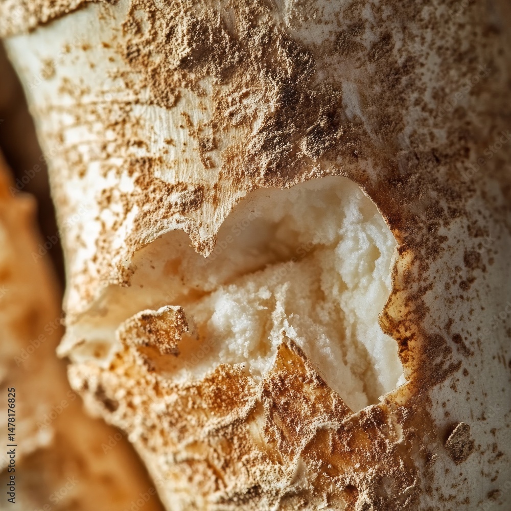 Fototapeta premium closeup of horseradish root with rough brown texture, sharp white flesh exposed, macro spicy root vegetable photography