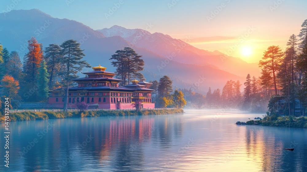 Obraz premium Serene Monastery by a Misty River at Sunrise