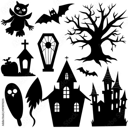 Creative details Collection of Halloween silhouettes. Haunted house, creepy tree, flying witch, pumpkins, halloween ghost, owl, coffin lid icon Vector Illustration