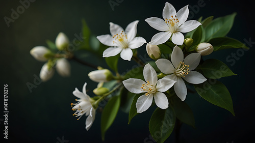 White jasmine flowers on dark green background, soft lighting, elegant minimal style, evoking calm and purity.
