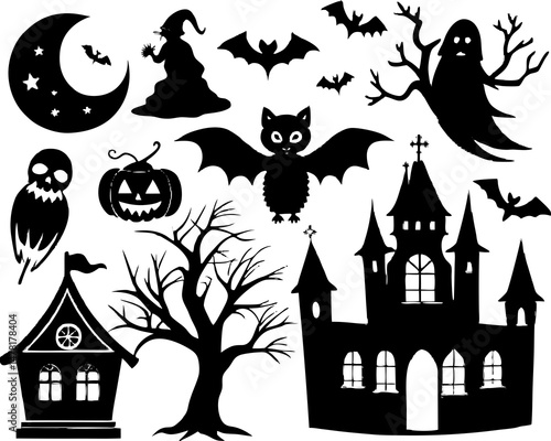 Creative details Collection of Halloween silhouettes. Haunted house, creepy tree, flying witch, pumpkins, halloween ghost, owl, coffin lid icon Vector Illustration