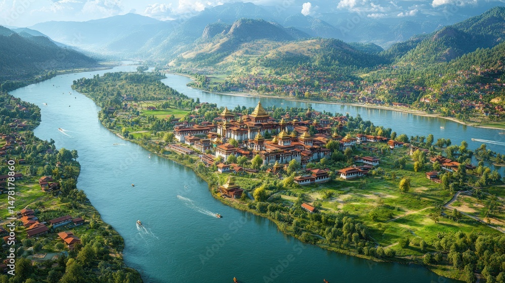 Fototapeta premium Serene river meanders through a picturesque island village nestled amidst mountains. Lush greenery, a golden temple complex, and placid waters create a breathtaking landscape