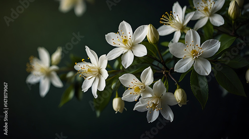 White jasmine flowers on dark green background, soft lighting, elegant minimal style, evoking calm and purity.