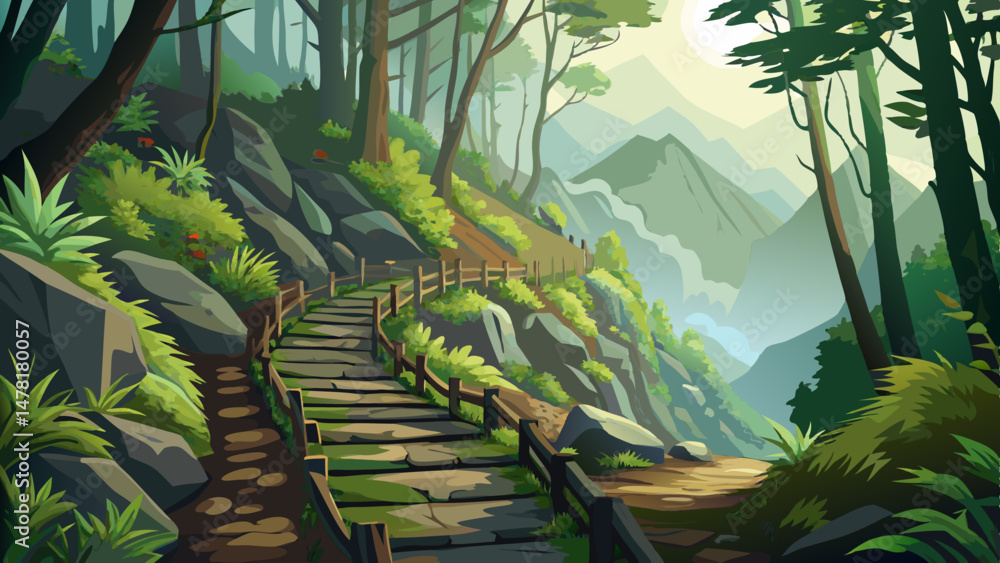 Foggy hiking path in the forest in Levada do Caldeirao Verde Trail, Madeira island, Portugal.