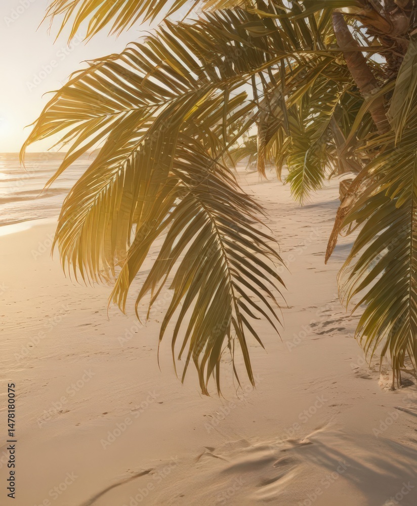 Fototapeta premium Golden hour light on palm fronds, soft sand, tranquil ocean Film texture , texture, warm