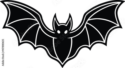 Black bat silhouette flying near tree in tribal cartoon style for Halloween art design