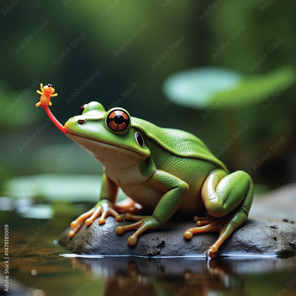 Naklejka premium A green frog on a rock in a river is looking for prey