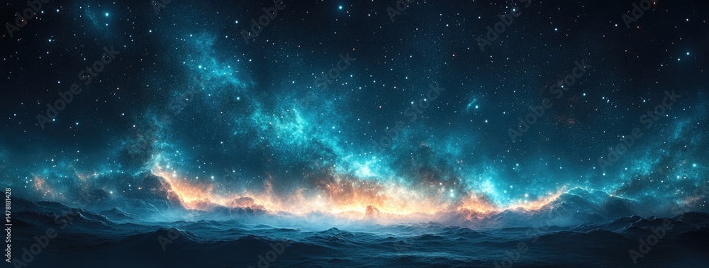 Obraz premium A vibrant celestial landscape of distant mountains.