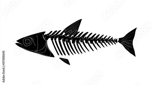 Black Flat Vector Icon of Fish Bone Outline for Illustrative Use