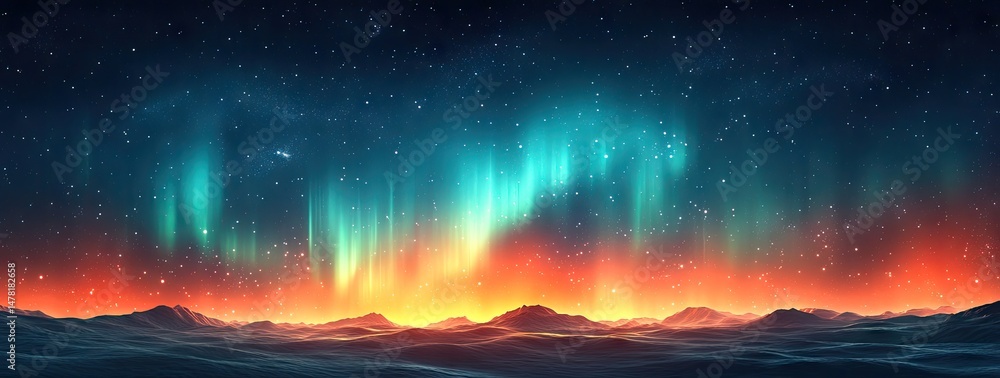 Fototapeta premium A vibrant aurora borealis spectacle over a landscape of mountains.