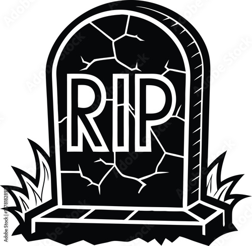 Silhouette Vector Icon of a Spooky Tombstone with RIP Text Moss Detail and Cracked Stone Texture for Halloween Graveyard Theme
RIP Tombstone Silhouette Icon, Halloween Grave Vector, Spooky Headstone G