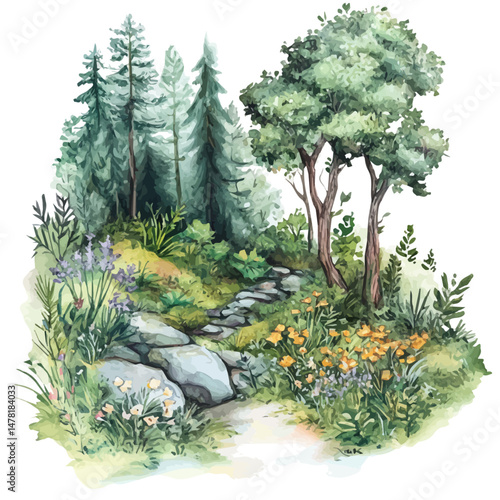 Fairy Glade, watercolor vector, isolated on a white background.