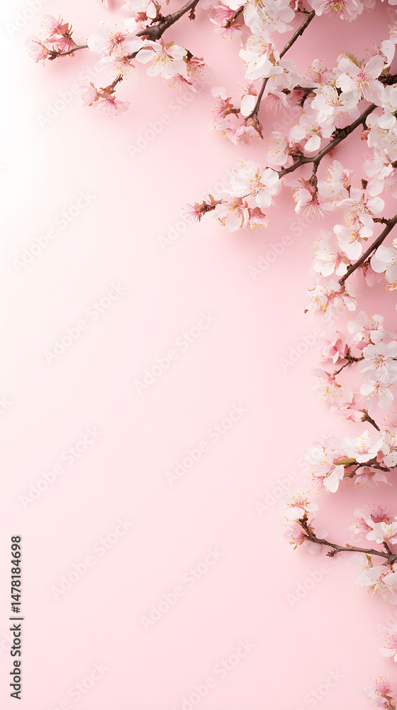 Fototapeta premium White spring cherry flowers on pink background with copy space. Flat lay floral border with sakura blossoms. Template for greeting card. Easter, Women's Day, Mother's Day or wedding banner concept.