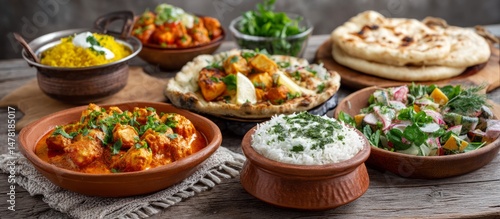 Colorful Indian Food Dishes Arranged on Wooden Table Background