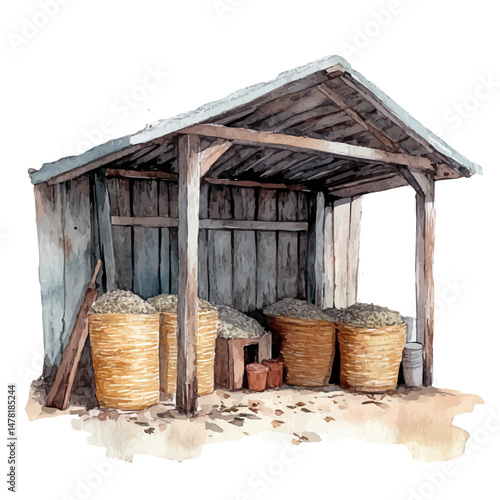 Fodder Storage, watercolor illustration, isolated on a white background.