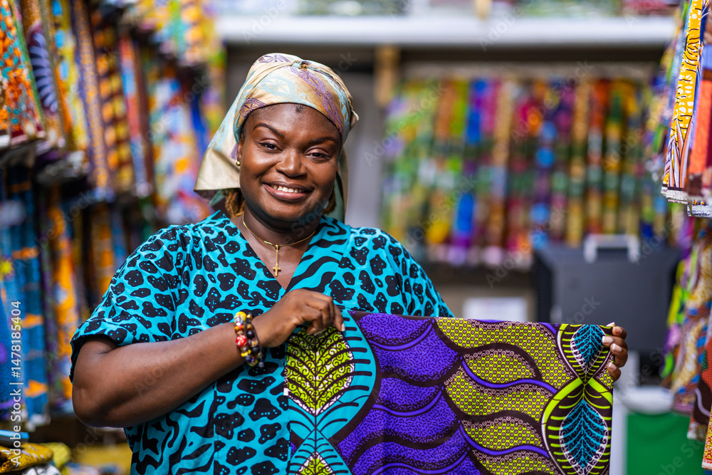© Roger - Smiling African woman, successful small business owner of an African Print, Ankara fabric shop proudly displays piece of textiles cloth. © Roger - Smiling African woman, successful small business owner of an African Print, Ankara fabric shop proudly displays piece of textiles cloth.