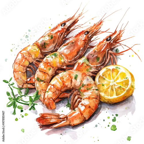 Grilled Shrimp, watercolor vector, isolated on a white background.