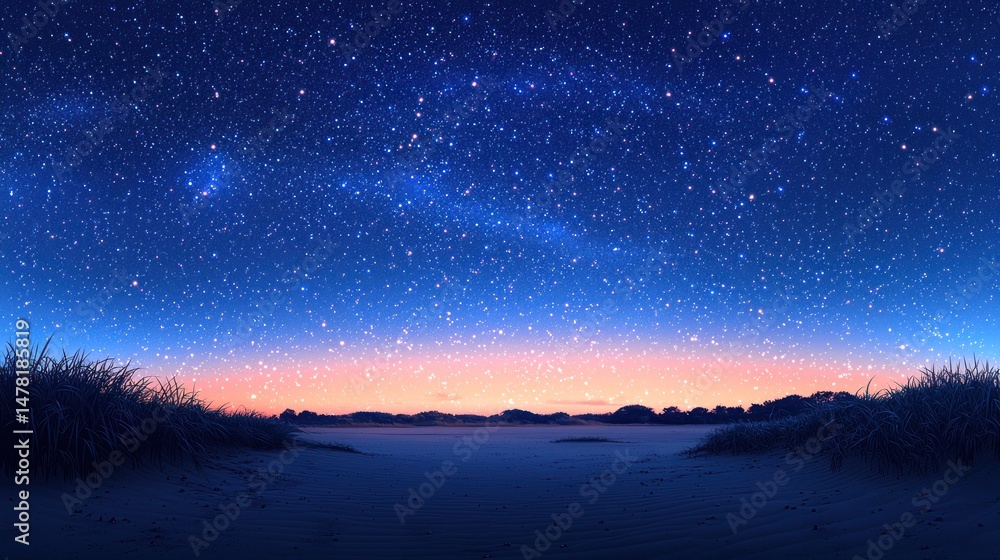 Starry night over a sandy beach. Lush night sky filled with shimmering stars. Tranquil landscape Starry night over a sandy beach. Lush night sky filled with shimmering stars. Tranquil landscape
