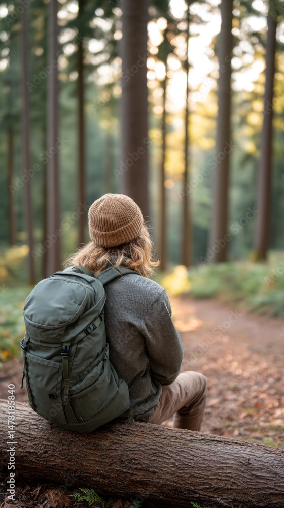 Fototapeta premium Eco-friendly hiking with solar backpack in forest: sustainable travel adventure