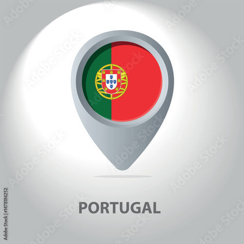 Free Download Vector icon of a map pin featuring the national flag of Portugal. Red and green flag with the coat of arms inside a location pointer on a white gradient background. - GFXLoad