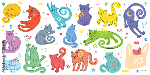 Colorful funny cat poses collection