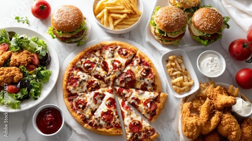 Delicious Fast Food Spread on Pristine White Table Background