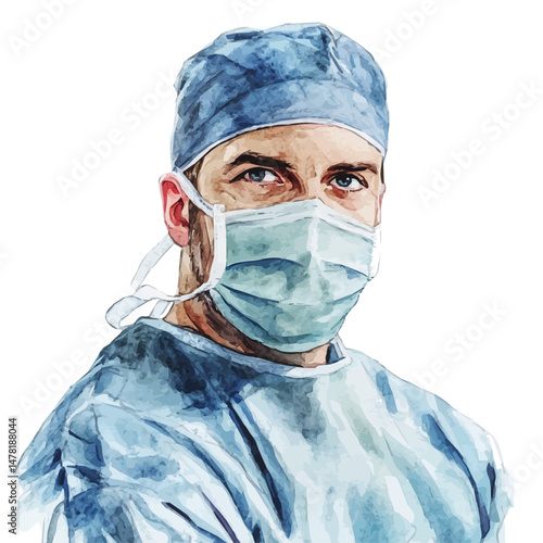Surgeon, watercolor illustration, isolated on a white background.