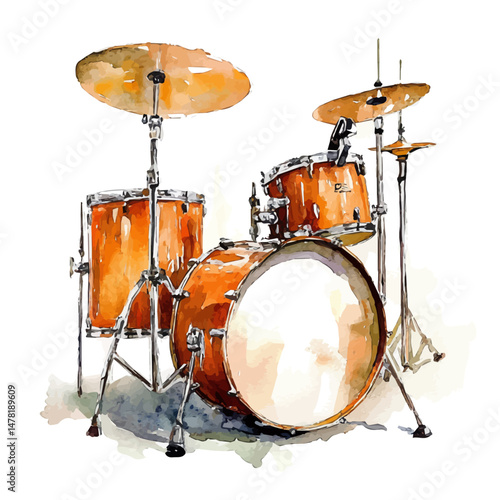 Drum Set, watercolor illustration, isolated on a white background.