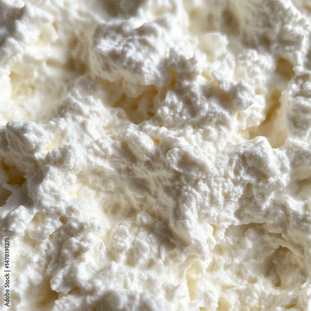 closeup of ricotta cheese with fluffy texture and white color, macro dairy photography, isolated light