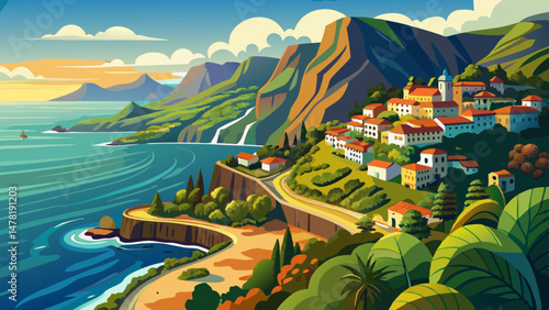 View of the coast and the municipality of Arco de São Jorge from the Miradouro da Beira da Quinta viewpoint on the island of Madeira in Portugal