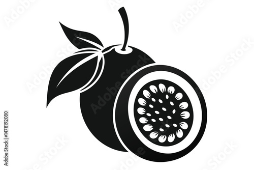 Black Passion Fruit with Leaves, Displaying Seeds and Texture in HalfCut Portion