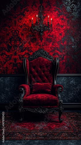 Dark, ornate red throne chair in gothic style room