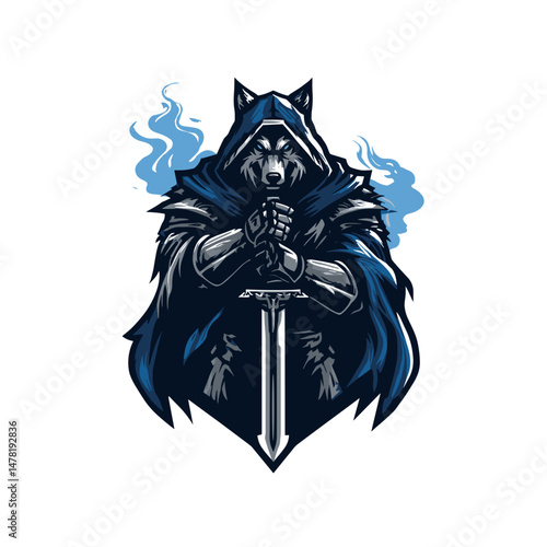 Bold esports logo featuring a wolf warrior gripping a sword, combining mysticism and strength in a striking vector design