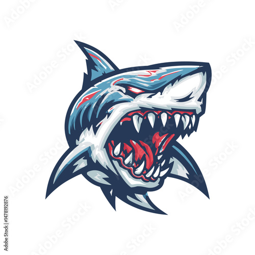 Stylized vector logo of a fierce shark designed for esports teams or gaming organizations and showcasing aggressive branding elements
