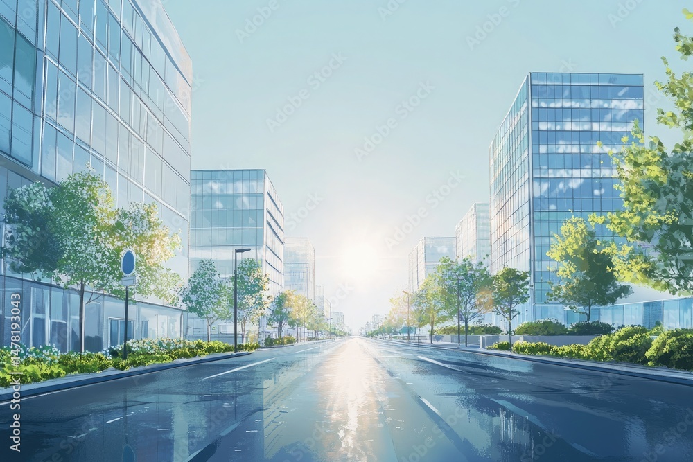 Fototapeta premium Urban road reflecting bright light, surrounded with glass buildings and trees