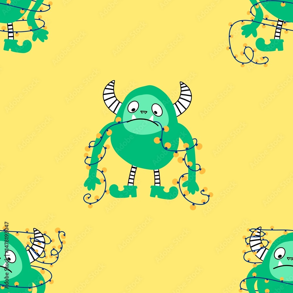 Obraz premium Winter monsters seamless Christmas yeti pattern for wrapping paper and fabrics