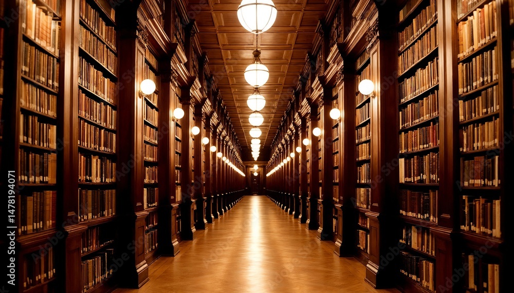 Grand library interior with wooden bookshelves and soft lighting Grand library interior with wooden bookshelves and soft lighting