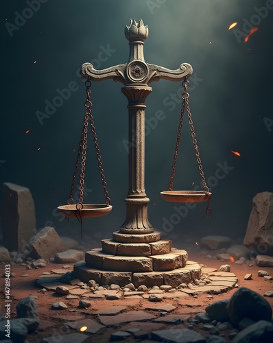 Ornate Scales of Justice Balanced on Stone Pedestal in Ancient Setting