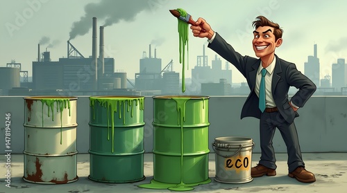 Manager Painting Industrial Barrels Green with a Brush Against Smokestacks