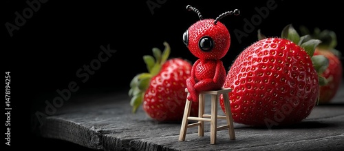 Strawberry Shaped Character Sitting on a Stool with Strawberries
