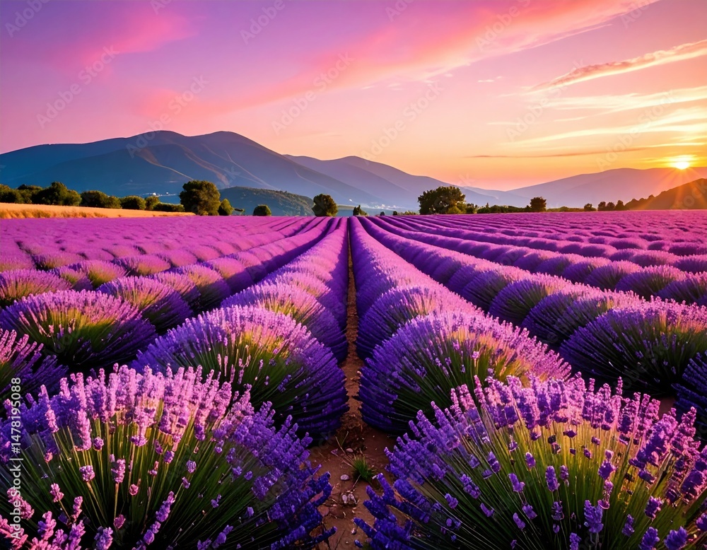 Fototapeta premium Lavender field in full bloom under soft pink sunset