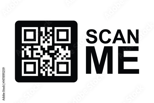 Centered black and white QR code with 'SCAN ME' in bold sans-serif. Minimalist, symmetrical design on clean background. Neutral, functional aesthetic for digital use. No people or context. Black/white