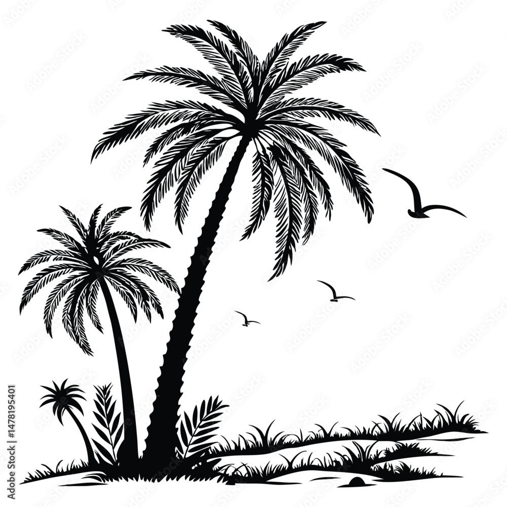 Palm tree silhouettes Clip art isolated vector illustration on white background Palm tree silhouettes Clip art isolated vector illustration on white background