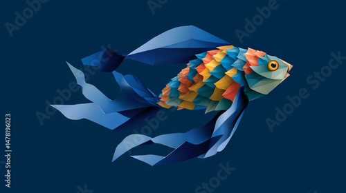 Colorful Papercraft Fish Design with Flowing Ribbons and Silhouette