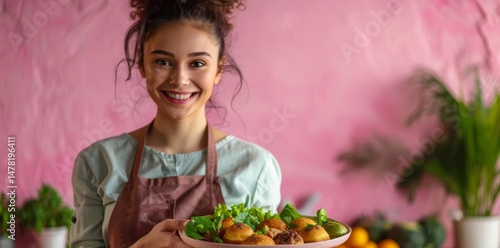 Attractive blonde woman baker holding carton box with cakes, looking smiling at camera and showing thumb up, delicious dessert for delivery. Indoor studio shot isolated on pink background