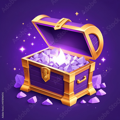 Open treasure chest glowing light shine on purple background. Surprise precious trove greed loot fantasy magic concept. elements design Cartoon minimal style cute. 3d vector illustration