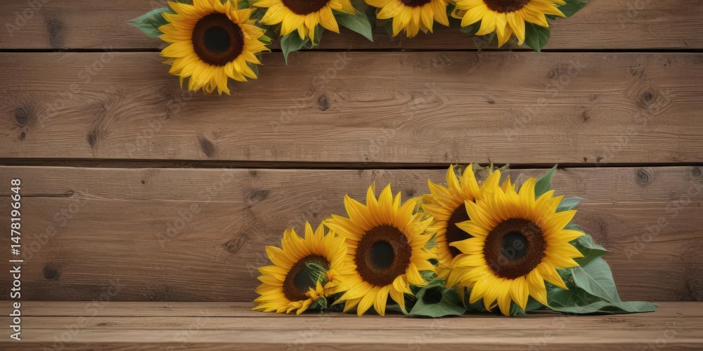 Obraz premium Vibrant sunflowers arranged on rustic wooden board, beauty, leaves