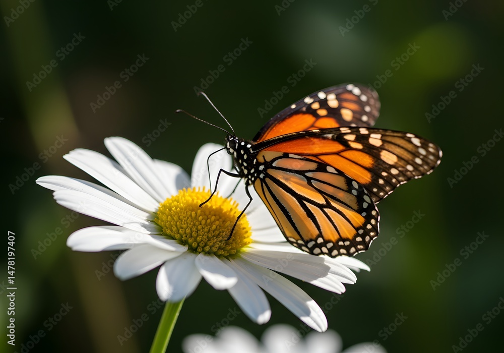 Obraz premium Monarch Butterfly on Daisy Flower Close-up of Orange and Black Butterfly, White Petals, Green Stem and Background.
