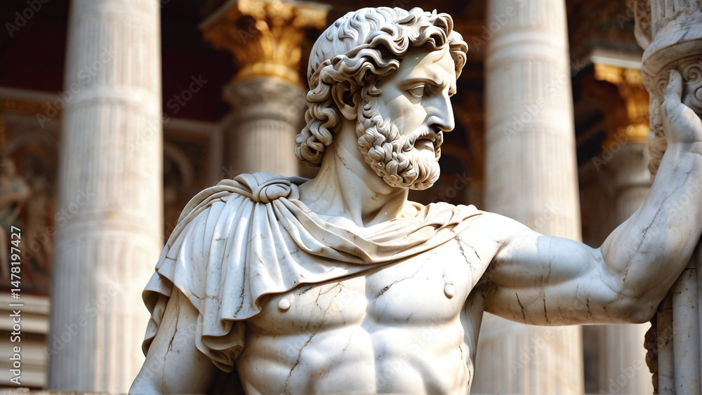 Fototapeta premium Marble Statue of a Muscular Ancient Warrior, Roman Armor and Historic Architectural Backdrop